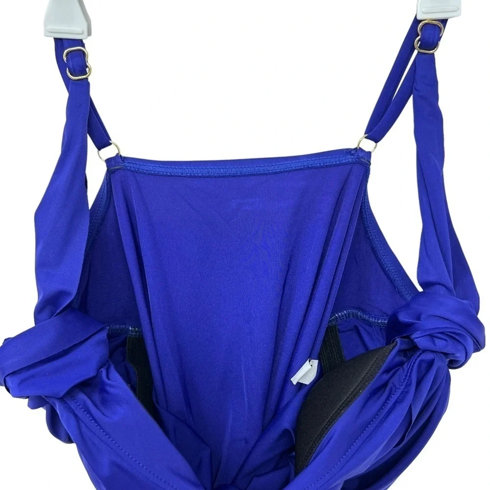 Badgley Mischka Wide Strap Draped Front One-Piece Swimsuit Cobalt Blue Small